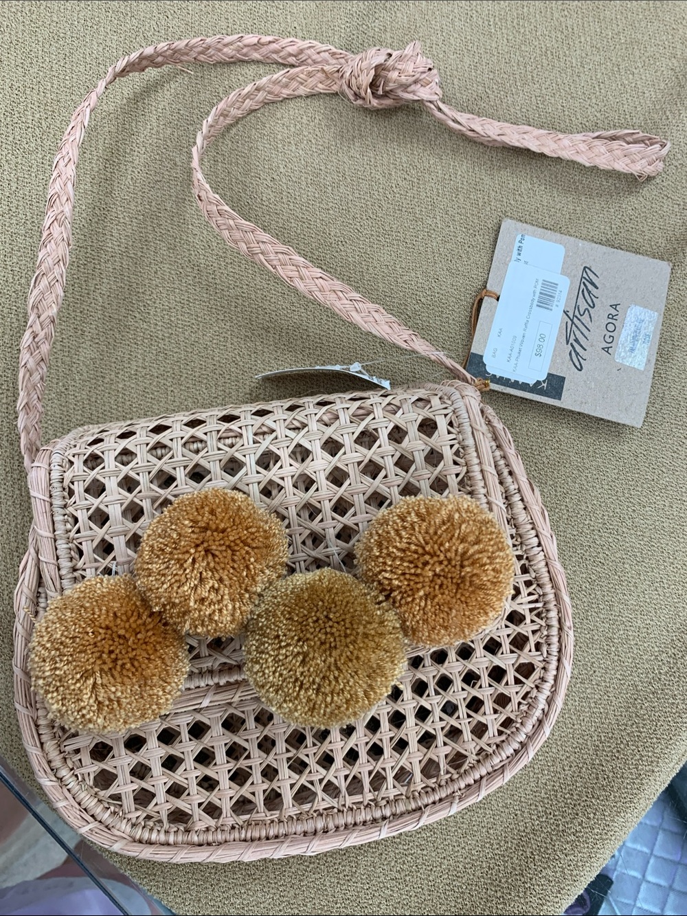 AGORA Blush Pink Woven Crossbody with Tan Pom-Poms